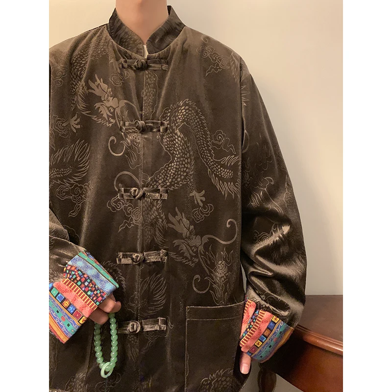 Setelan Pria Model Baru Gaya Cina, Bahan Beludru, Longgar, Kerah Tegak, Kancing Depan, Pakaian Luar Musim Gugur Musim Dingin