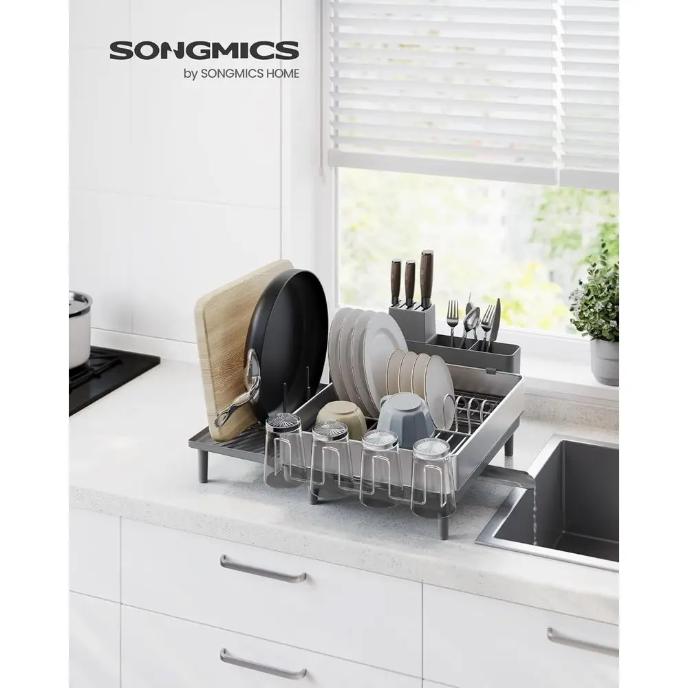 Estante extensible para platos de cocina de acero inoxidable con boquilla giratoria, utensilios, tazas, vidrio y soportes para tabla de cortar, plateado y Gra