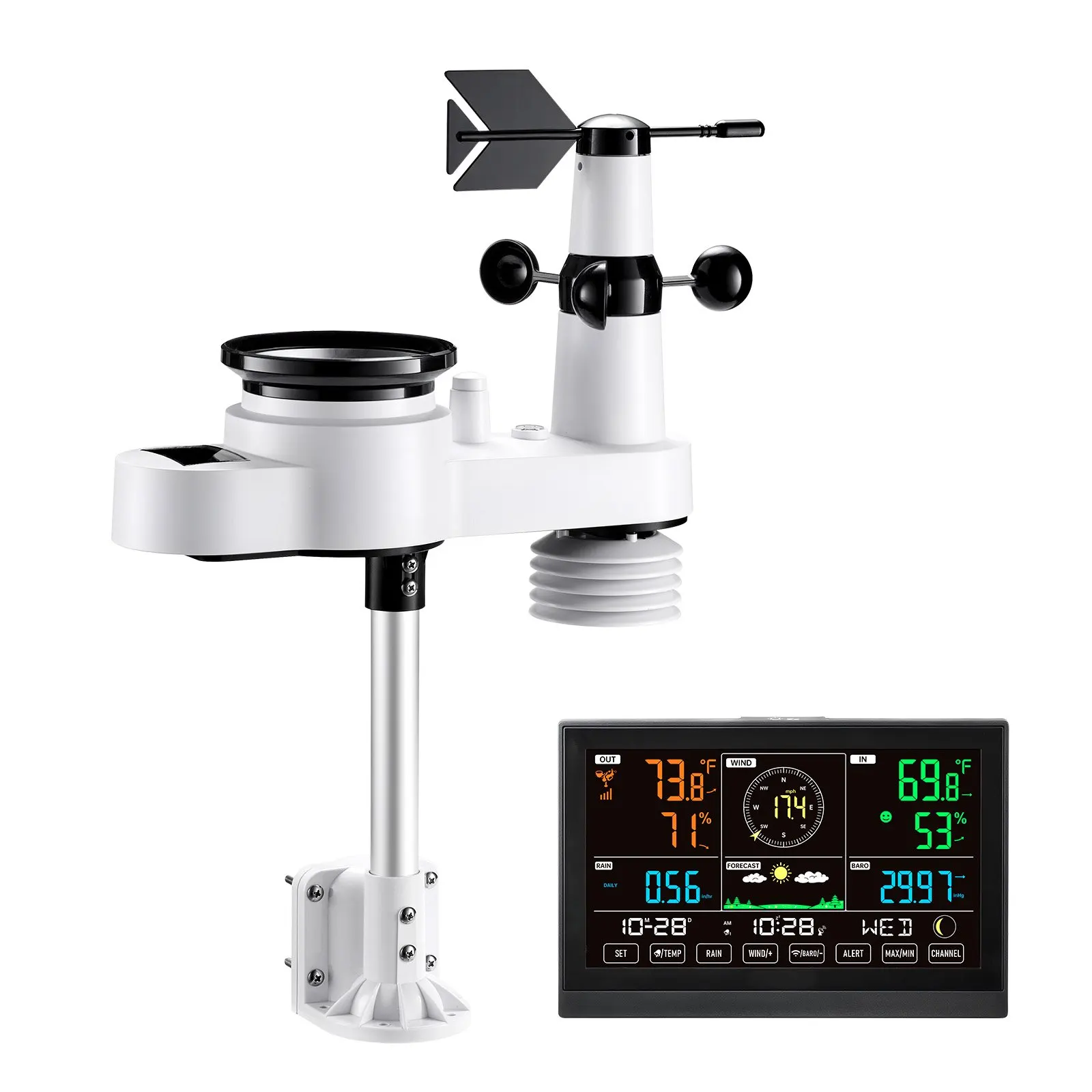 Station météo sans fil 5-en-1 avec écran de 7,5 pouces, thermomètre intérieur/extérieur et capteur