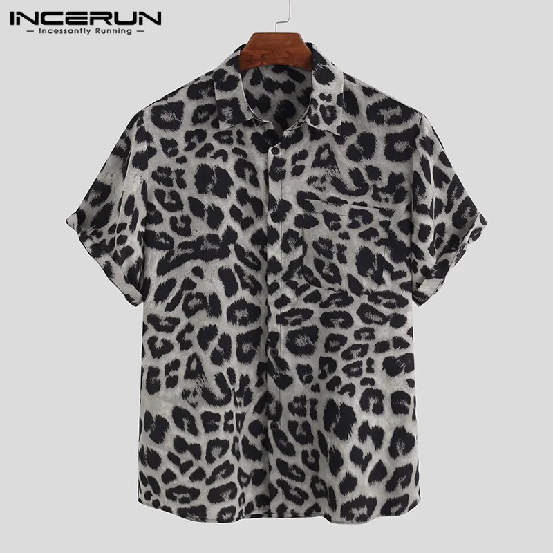 INCERUN 2024 Men Shirt Lapel Short Sleeve Summer Leopard Print Fashion Mens Hawaiian Shirts Streetwear Casual Camisas S-5XL