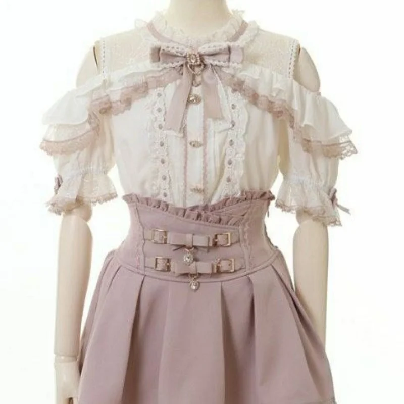 Japanese Lolita Lace Patchwork Blouse Women Harajuku Off Shoulder Sexy Cute Shirts Girly JK Kawaii Bow Sweet Camisas Blusas