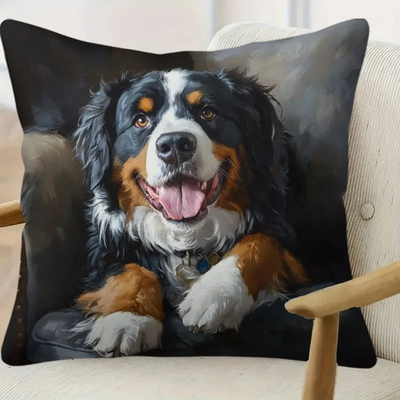 Modern Bernese Mountain Dog Pillow Cover with Realistic Berner Dog Face Design, Zipper Closure for Home, Office, Car Decor