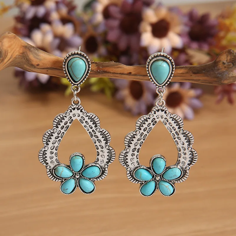 European and American Retro Big Drop-shaped Flower Turquoise Earrings New Style Thumping Eyelashes Ethnic Exaggerated Jewelry