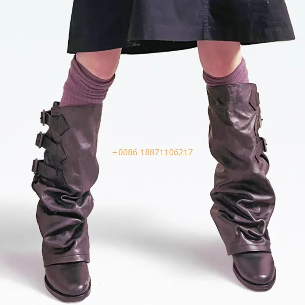 genuine-leather-round-women's-boots-2025-street-belt-buckle-solid-color-fashion-casual-trouser-boots-pleated-retro-mid-calf-boot