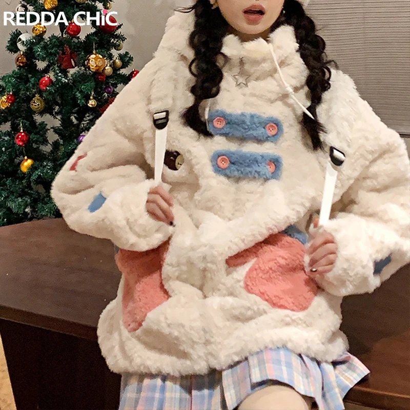 

REDDACHiC Glove-pocket Cartoon Plush Jacket with Hood Long Sleeves Double-side Warm Winter Women's Coat Japanese Y2k Windbreaker