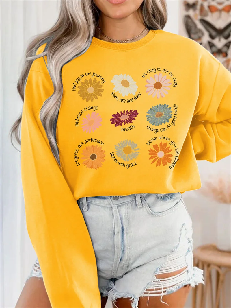 New autumn and winter women's cotton find joy in the nine chrysanthemum-printed long-sleeved crewneck hoodie