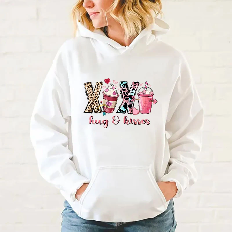 

Valentine'S Day Xoxo Hug Kisses Letter Printed Women Hoodie Valentine'S Day Xoxo Hug Kisses Fleece Long Sleeves Pullover Tops