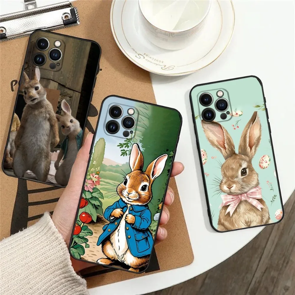 P-Peter Rabbit Cute Phone Case For iPhone 16,15,14,13,12,11,Plus,Pro Max,XS,X,XR,SE,Mini,8,7 Soft Silicone Black Cover