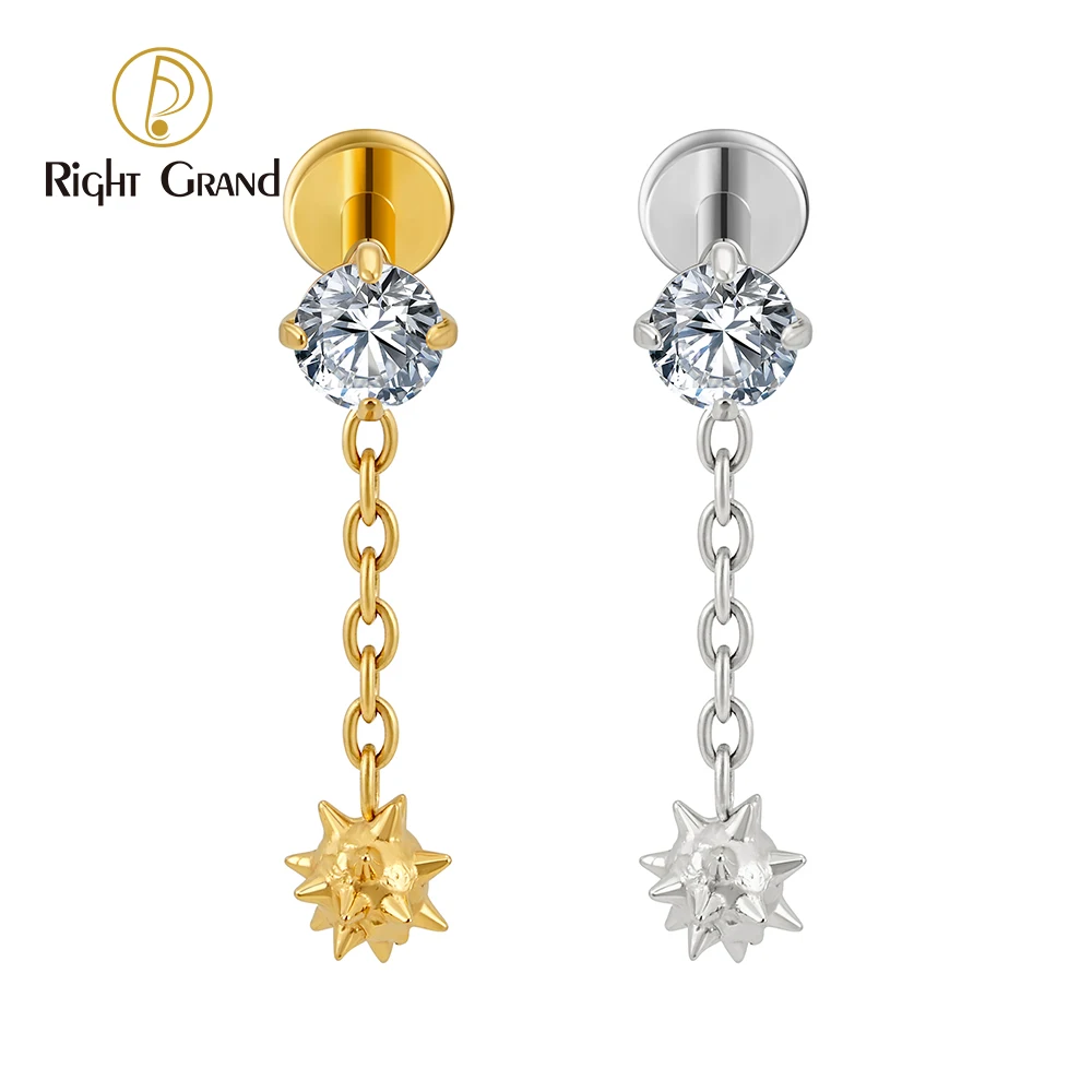 Right Grand Brinco de piercing labret com ponta de bola de zircônia cúbica ASTM F136 titânio 16G com rosca interna para cartilagem tragus hélice concha