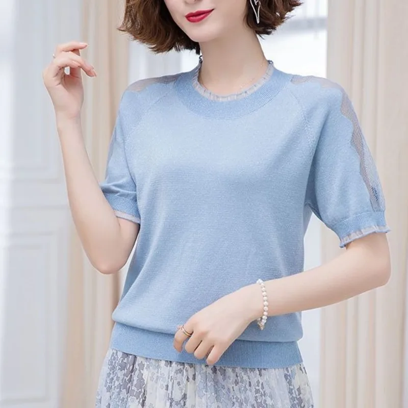 

Female Clothing 2023 New Summer Ice Silk Knitwear Women's Short Sleeve Fashion Hollow Lace Round Neck Casual Elegant Solid Tops