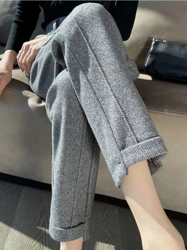 High-waisted Tweed Straight Pants 2023 Autumn/Winter New Women\' S Pants Loose Casual Herringbone Warm Thickened Cropped Pants