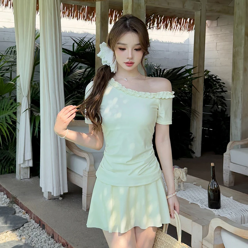 Korean Plus Size Women Ruffle One Shoulder 2 Piece Swimsuit High Waist Skirted Bathing Suit Beachwear Quick Dry Vacation Outfit