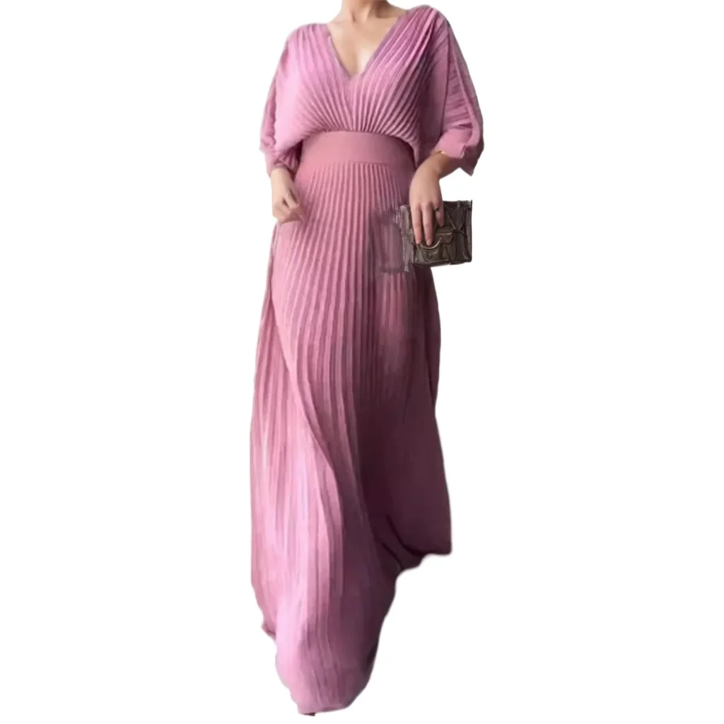 

Solid Color V-neck Bat Sleeve Long Pleated Chiffon Dress