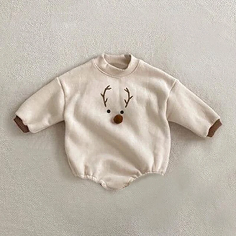 New Year Infant Baby Boys Girls Romper Christmas Newborn Baby Boys Girls Jumpsuit+Hat Long Sleeve Cartoon Deer Print Plush Warm