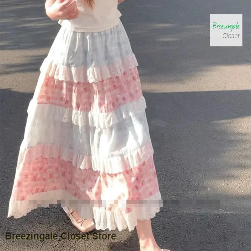 French-style sweet and lovely lace high waist skirt, new cake design in spring and summer, floral lace stitching retro dress.