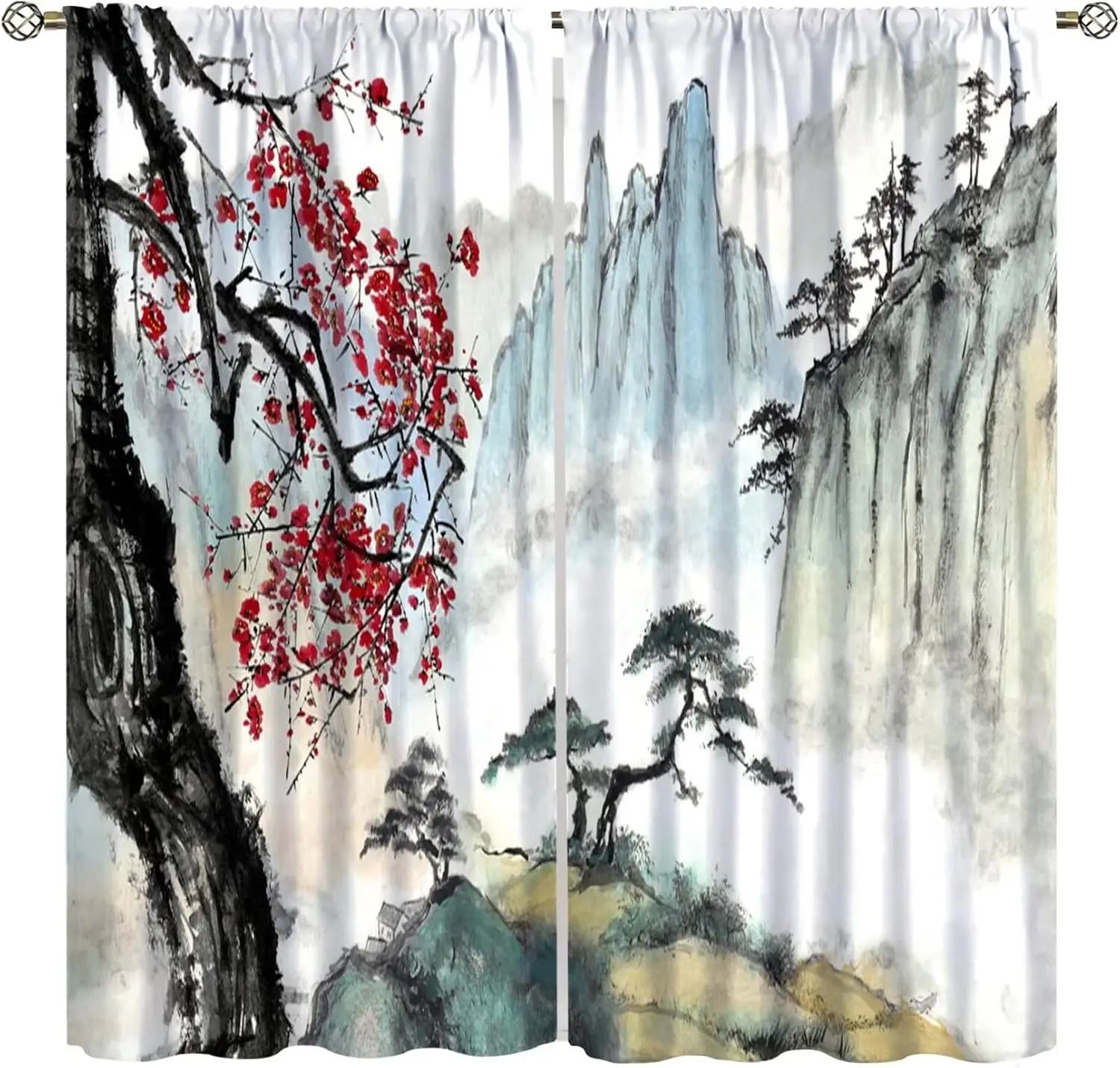 

Landscape Curtains, Asian Traditional Chinese Japanese Painting Red Cherry Blossom Scenic Print Rod Pocket Window Treatments for