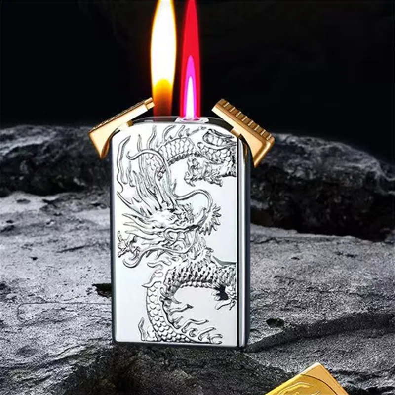 Windproof Double Flame Dragon Lighter Metal Double Flame Conversion Jet Inflatable Portable Lighter Trendy Men's Smoking Gift
