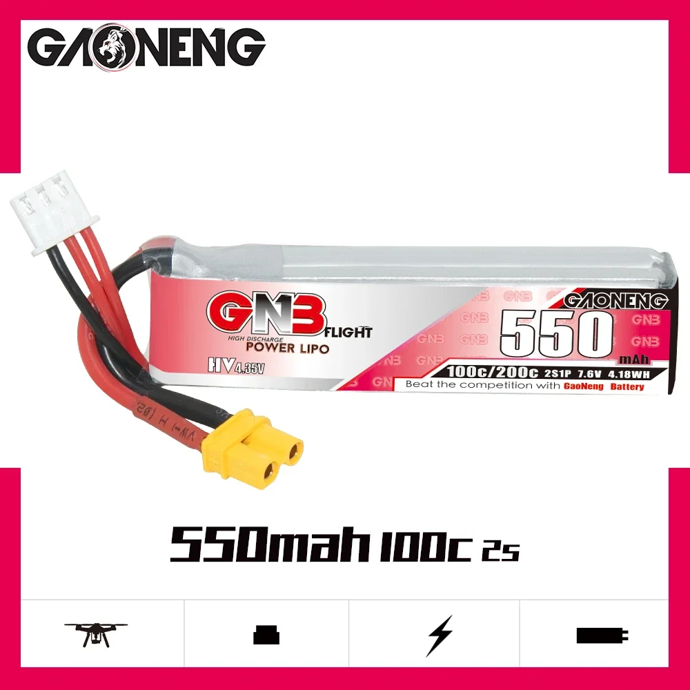 

GAONENG GNB 550mAh HV 2S 100C 200C 7.6V XT30 LiPo Battery Tinyhawk II Small Heli Helicopter Multiroter Mini Micro FPV