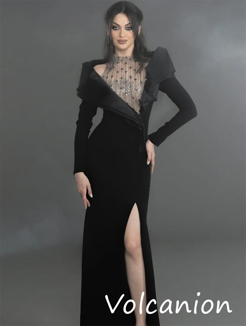 Customized Elegant Exquisite Jersey Sequined Pleat Trumpet High Collar Long Dresses Bespoke Occasion Classic