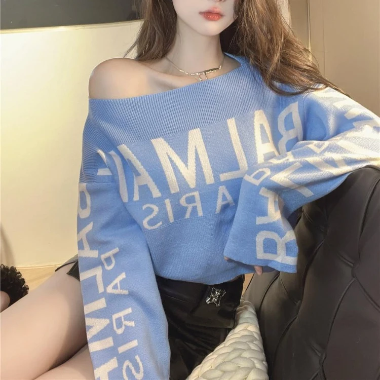 Sweet Lazy Letter Print Sweaters Mujer Autumn Slash Neck Knitted Tops Women Y2k E-Girl Long Sleeve Bottoming Pullovers