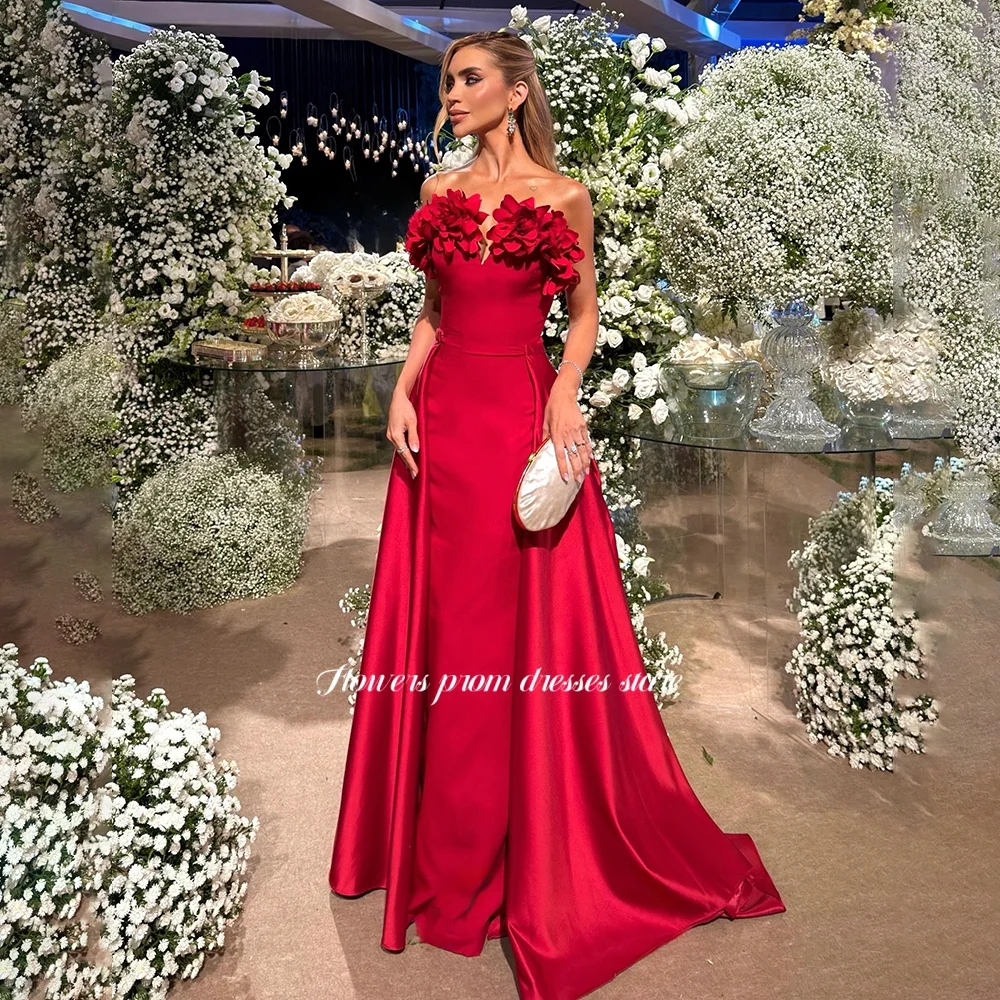 

Flowers Red A Line Prom Dress with 3D Flowers Strapless Party Dress Elegant Evening Dress فساتين مناسبة رسمية Customized
