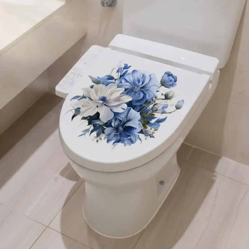 Blue White Floral Toilet Sticker Waterproof Self-Adhesive Removable Decal for Small Bathroom Decor Upgrade