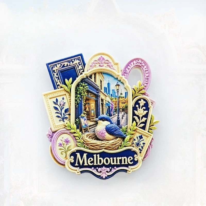 Aimant de réfrigérateur Melbourne Bird Lane - Souvenir de ville 3D fantaisiste, cadeau artistique australien unique pour les voyages et la décoration urbaine