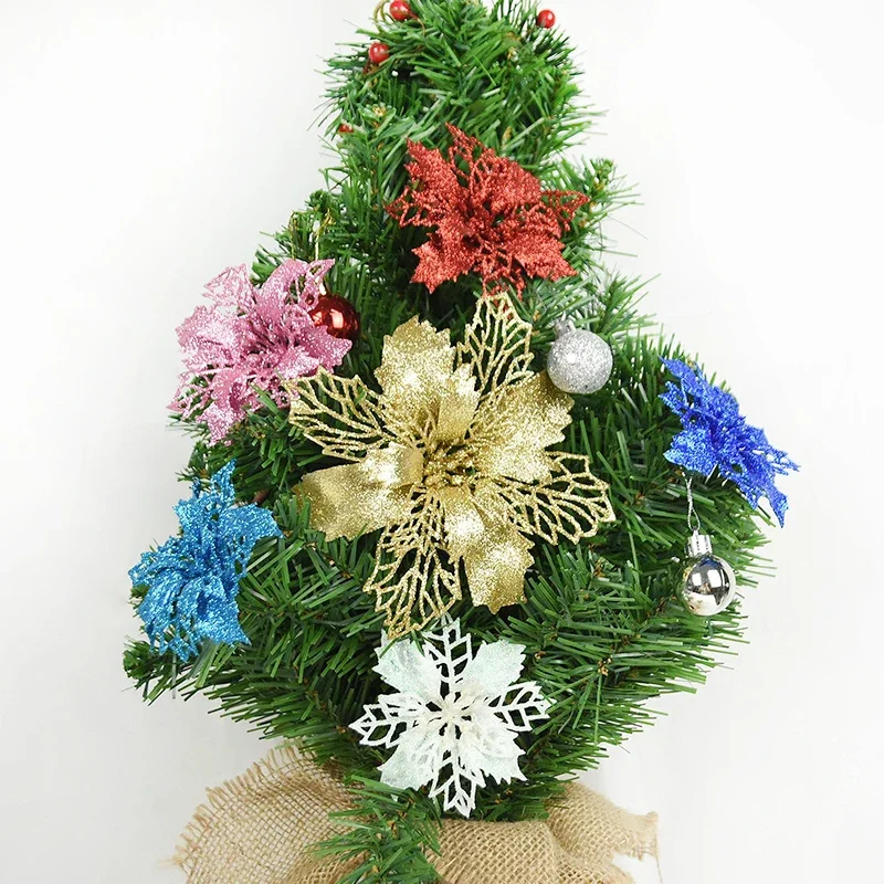 5pcs 9/11/16cm Glitter Hollow Artificial Flowers Christmas Tree Decoration For Home DIY Xmas Party New Year Decor Fake Flower