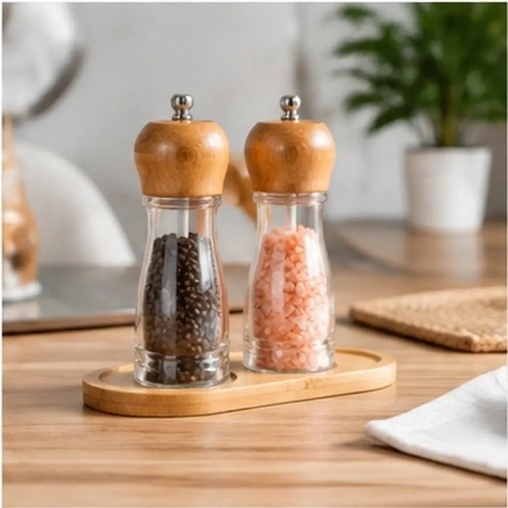 Solid Wood Salt and Pepper Grinder Tray for Kitchen Counter Organization Elegant Minimalist Condiment Holder Non-Slip Base