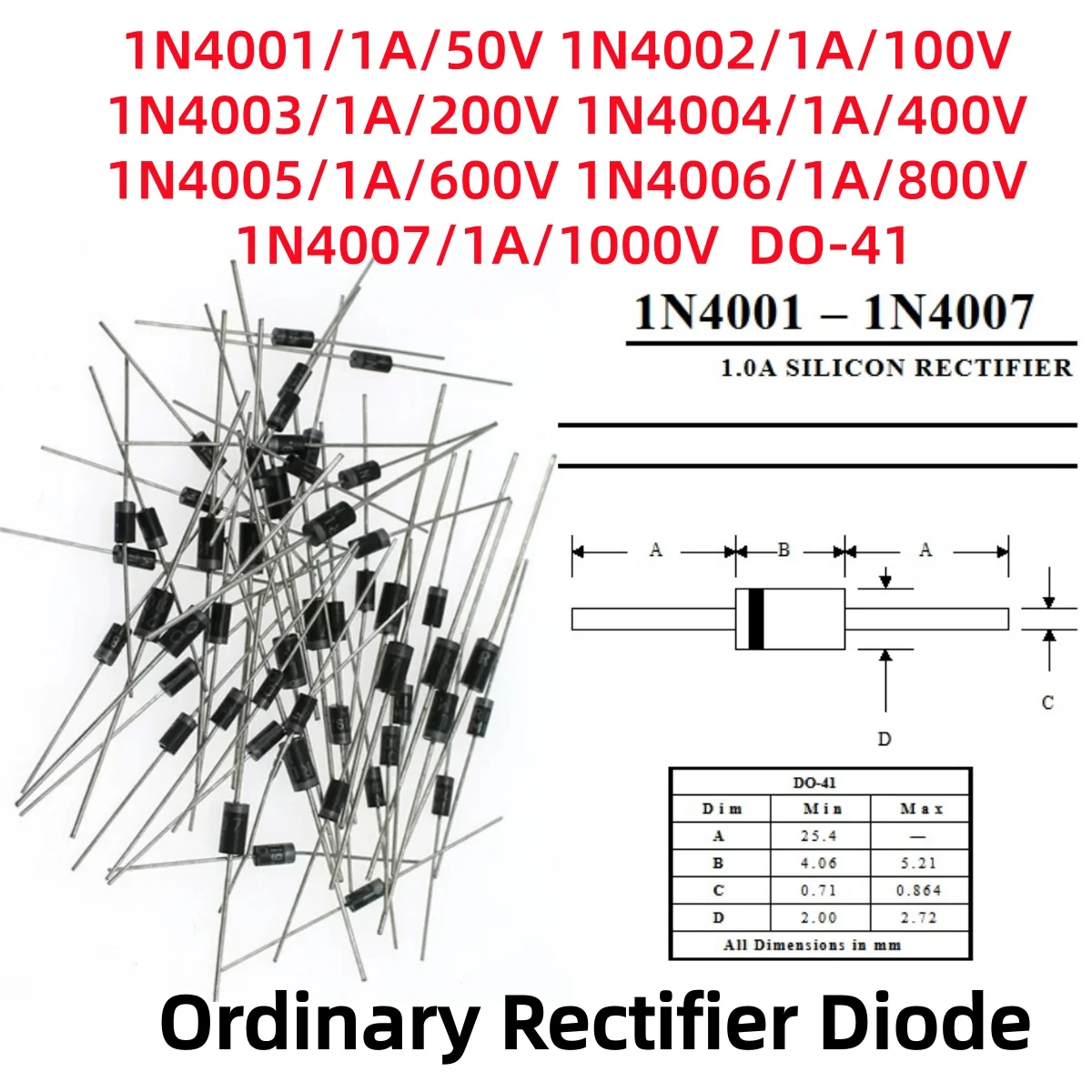 100/200Pcs 1N4001/50V 1N4002/100V 1N4003/200V 1N4004/400V 1N4005/600V 1N4006/800V 1N4007/1000V 1A DO-41 Ordinary Rectifier Diode