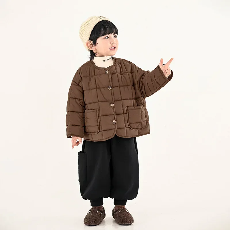 Winter Boys casual solid color padding jackets Kids round collor quilted warm thick coats