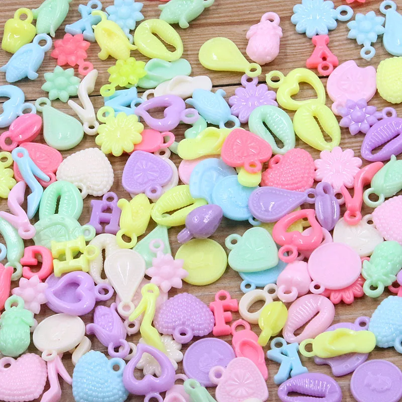 50Pcs 14Style Cheap Candy Color Heart Flower Letter Plastic Acrylic Charm For DIY Necklace Bracelet Children Jewelry Making