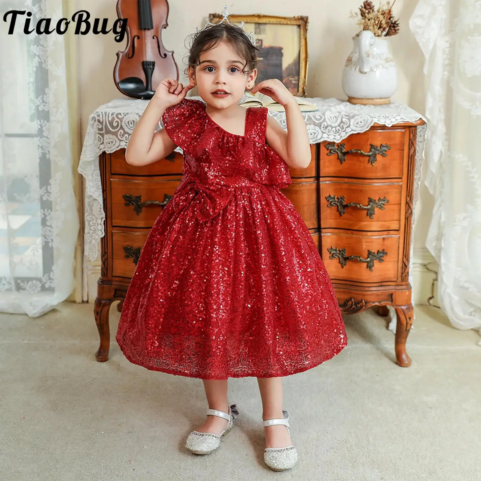 

Toddler Girls Wedding Party Dress One Shoulder Sparkly Sequins Bowknot Tulle Dresses Kids Birthday Pageant Bridesmaid Ball Gown