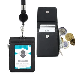 Multipurpose Lanyard ID Badge Holder PU Leather Zipper Pocket with 4 Card Slots for Offices School Credit Cards Identification
