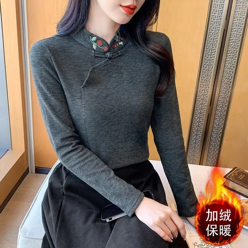 Add Velvet and Thick New Chinese Style Buckle Autumn and Winter Chinese Style Embroidery Base Small Shirt Temperament Slim Fit