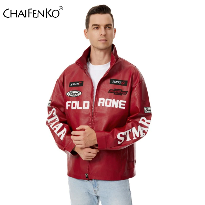 

Men Loose Comfort Printing Leather Jacket New Outdoors Fashion Versatile Tops Spring Autumn Casual Simplicity Lapel Coat Men