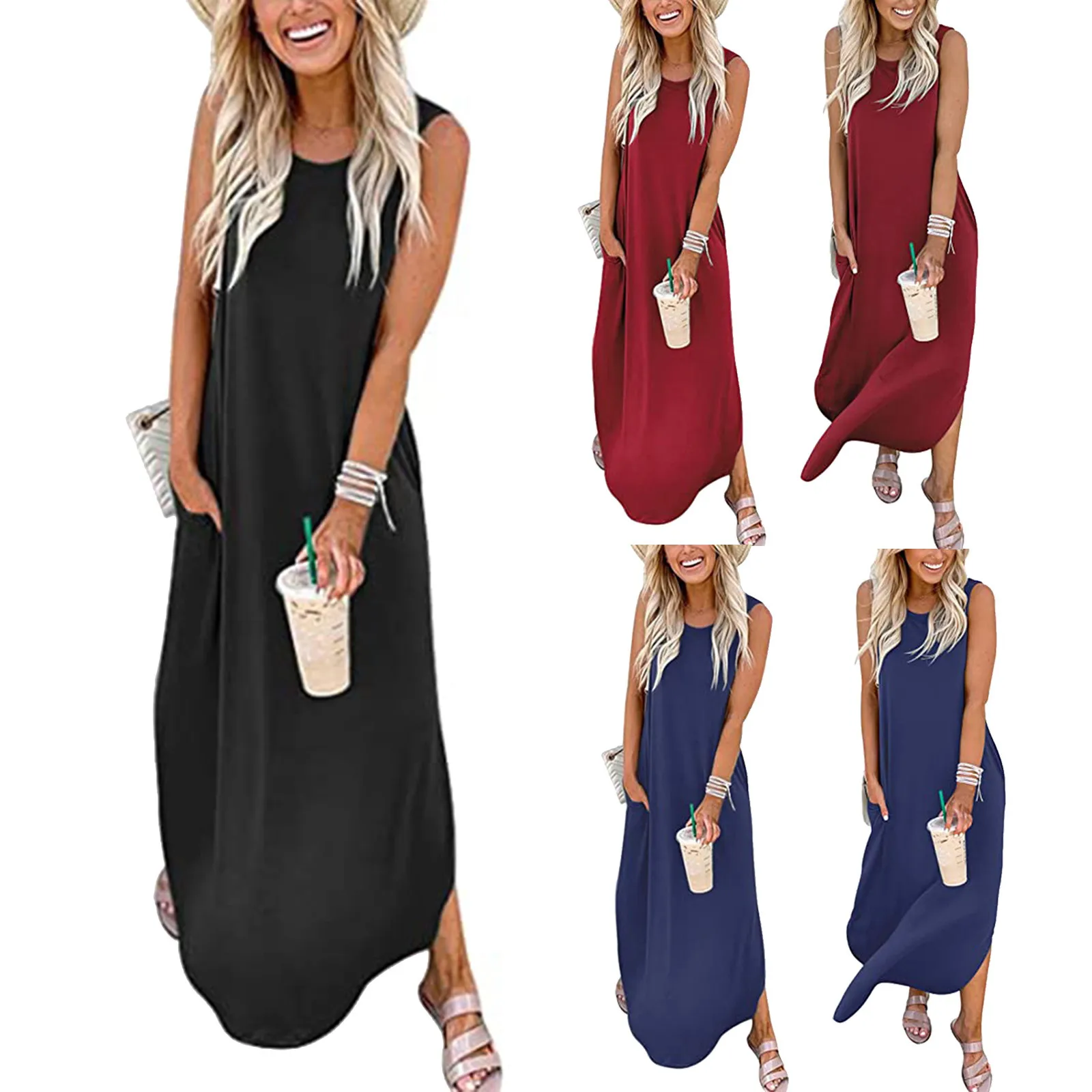 

Women Summer Fashion Sundress Female Clothes Spilt Beach Long Dress Good Vibes Rainbow Pocket Casual Sleeveless Maxi Dresses