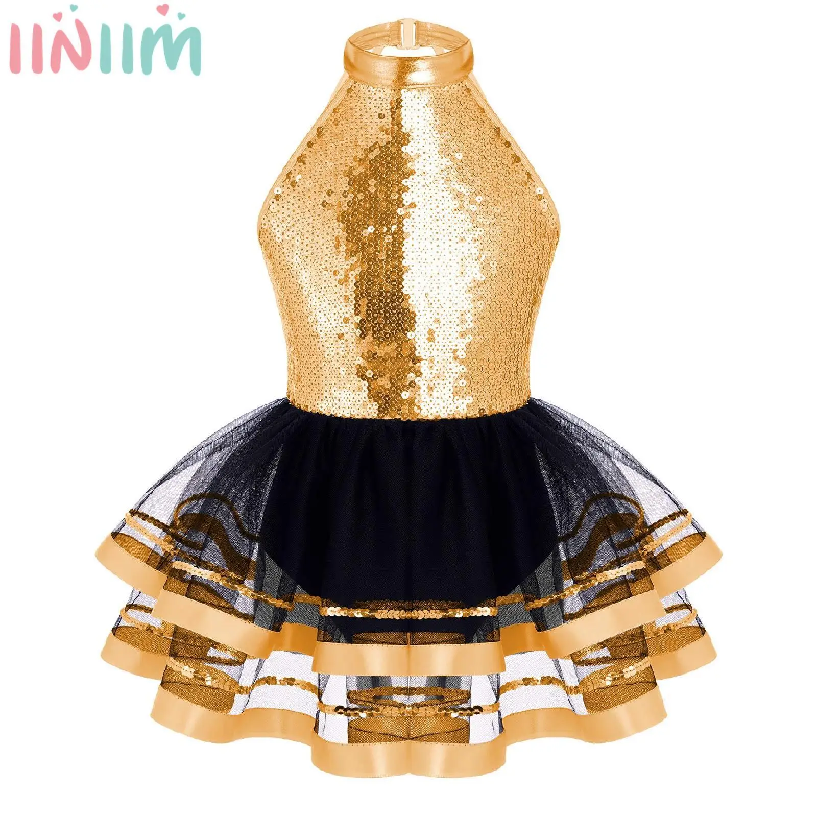 Vestido de tul con lentejuelas brillantes para niñas, leotardos de gimnasia con cuello Halter, traje de baile de patinaje y Jazz Latino moderno