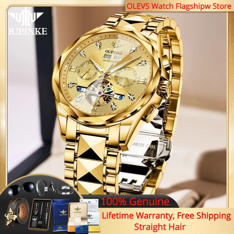 

OUPINKE 3316 Hollow Flywheel Men Watch Diamond Waterproof Watch All Gold Luxury Multi functional Men Automatic Mechanical Watch