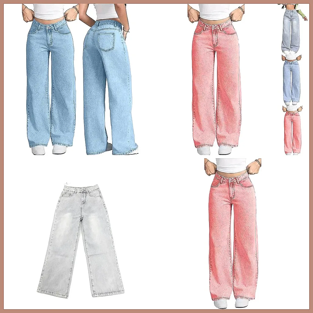 

Women's High Waist Wide Leg Jeans - Elastic Waistband, Stretch Straight Loose Pants, Korean Style