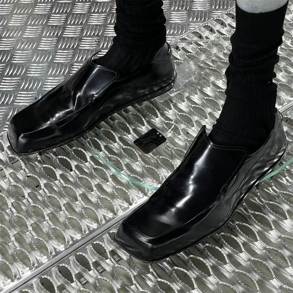 Black Patent Leather Square Toe Loafers for Both Men and Women One Foot Casual Lazy Single Shoes Slip On Casual Leather Shoes