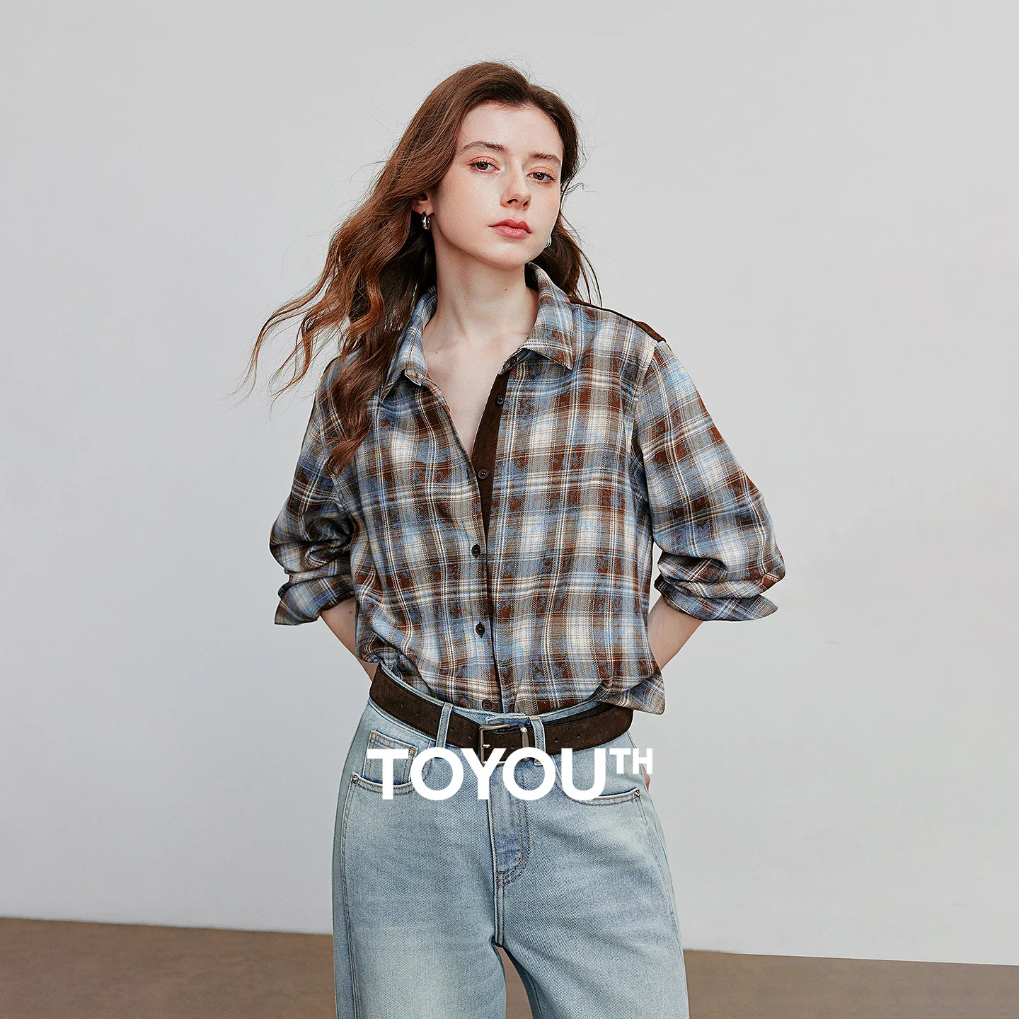 

TOYOUTH Women Blouse Shirt 2025 Summer New Plaid Patchwork Corduroy Retro Nomadic Style Turn Down Collar Shirt Tops