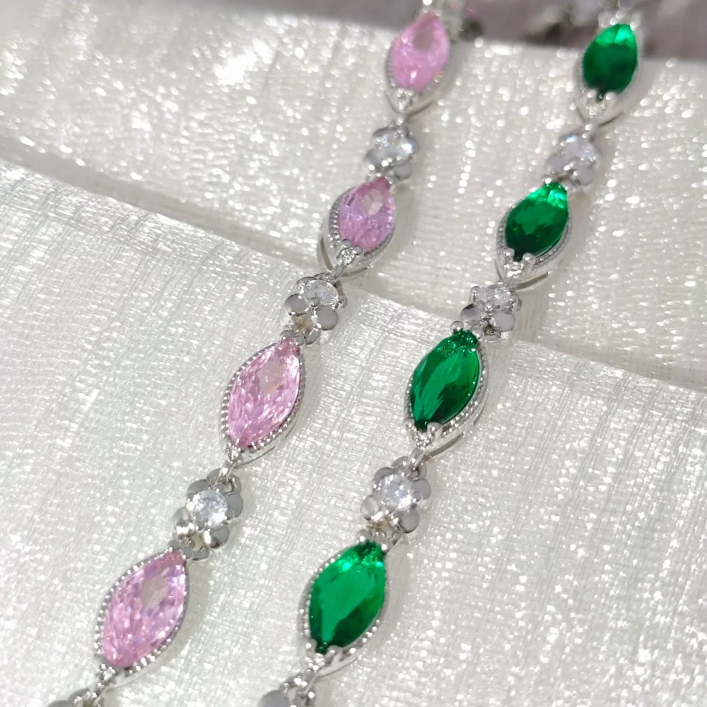 S925 Sterling Silver Horse Eye Zircon Pink and Green Flower Bracelet Design Sense Women's Jewelry Gift