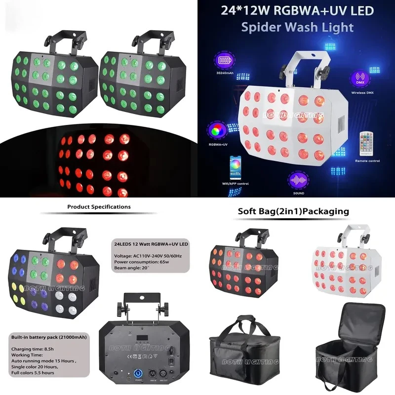 Lighting 2pcs 24x12w With Bag RGBWA UV 6in1 Spider Wash Light Wireless DMX Battery LED Uplights DJ Wedding Light