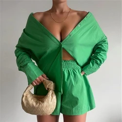 용수철 여성용 단색 짧은 세트, 심플 캐주얼 스타일, 긴팔 셔츠, 반바지, 투피스 세트, 템퍼러먼트 레이디 의류, 여름