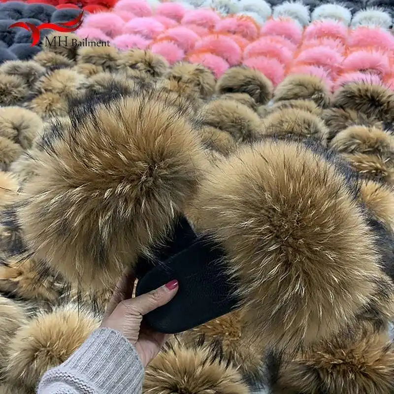 Real Raccoon Fur Slippers For Women 2023 Summer Fluffy Indoor House Fuzzy Flat Slides Outdoor Fashion Beach Sandals Flip Flops image 5