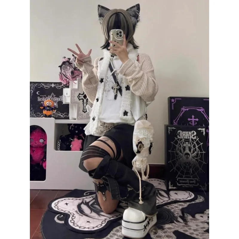 Stars Scarf Knitting Subculture Sweet Cool Autumn Winter 2024 New Scarf Women Y2k Harajuku White Knitted Cosplay Scarves