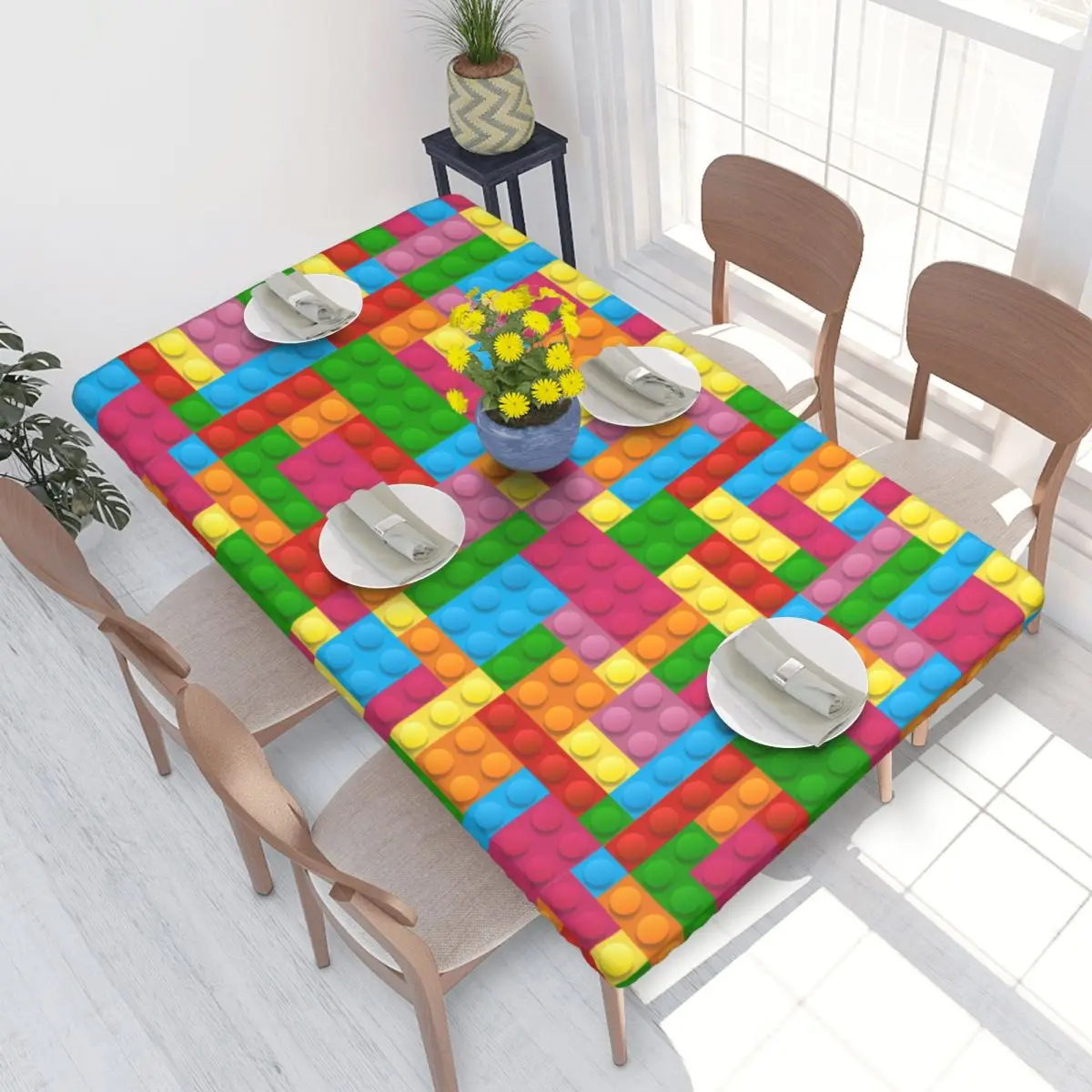 Custom Rectangular Waterproof Oil-Proof Colorful Building Plastic Brick Toy Blocks Tablecloth Table Covers 4FT Fit Table Cloth