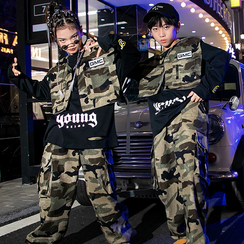 

Jazz Dance Clothes Kids Cool Hip Hop Clothing For Girls Boys Camouflage Vest Pants Suit Outfit Street Dance Costumes SL7441