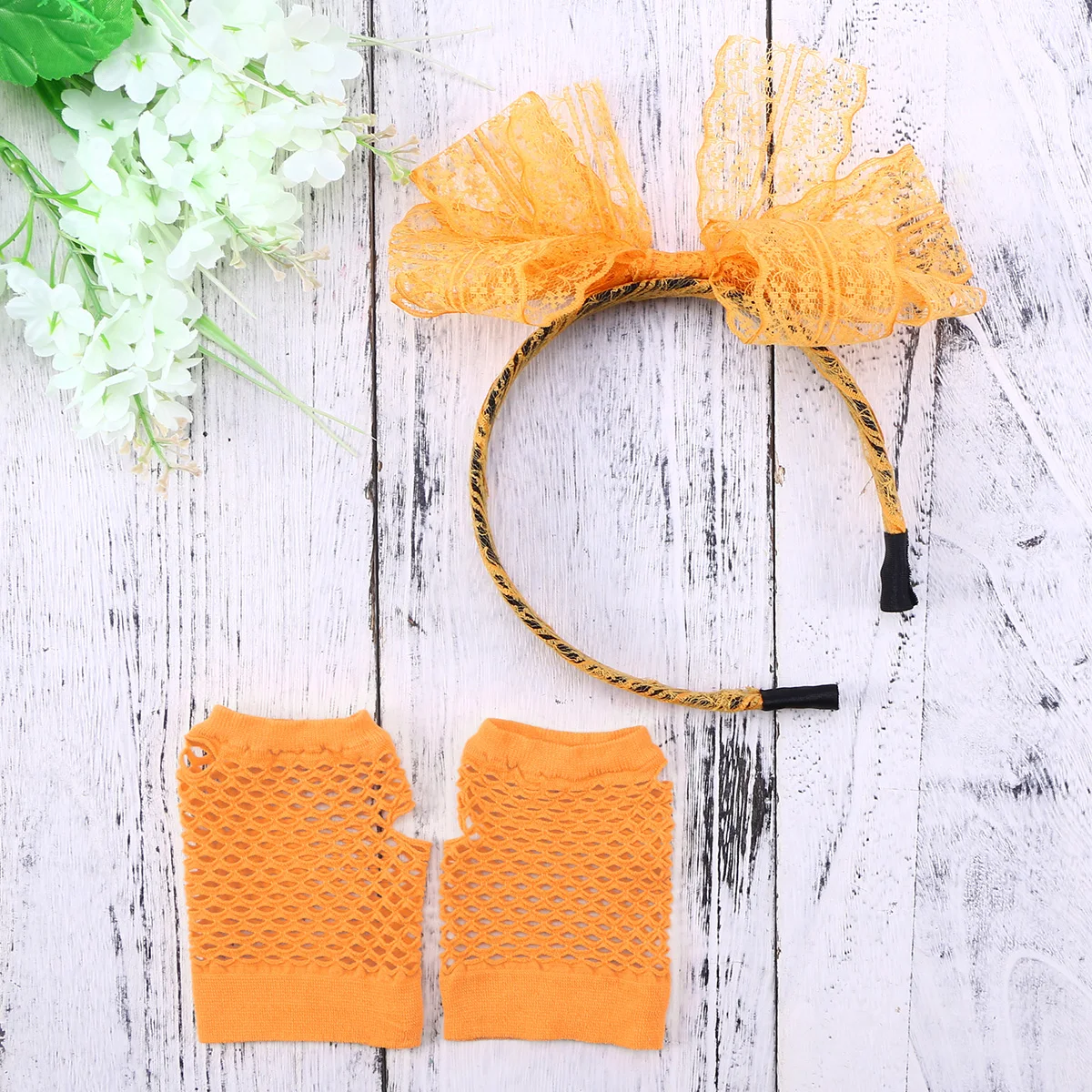 80 年代のコスチュームアクセサリーセットオレンジレースヘッドバンドネオンイヤリング指なし手袋レトロパーティーゴシックコスプレディスコ用